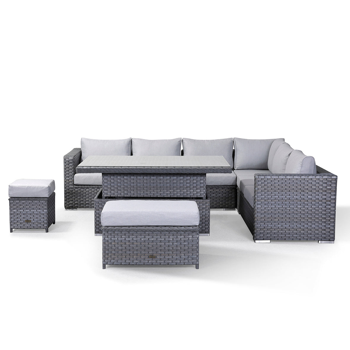 Rattan park Catalina Aluminium Range Modular Corner Sofa Set with Rising Table in Slate Grey Weave With Free Round White Fire Pit