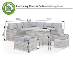 Harmony REQUIRES ASSEMBLY  Left Hand Corner Sofa Set with Rising Table in Grey Rattan