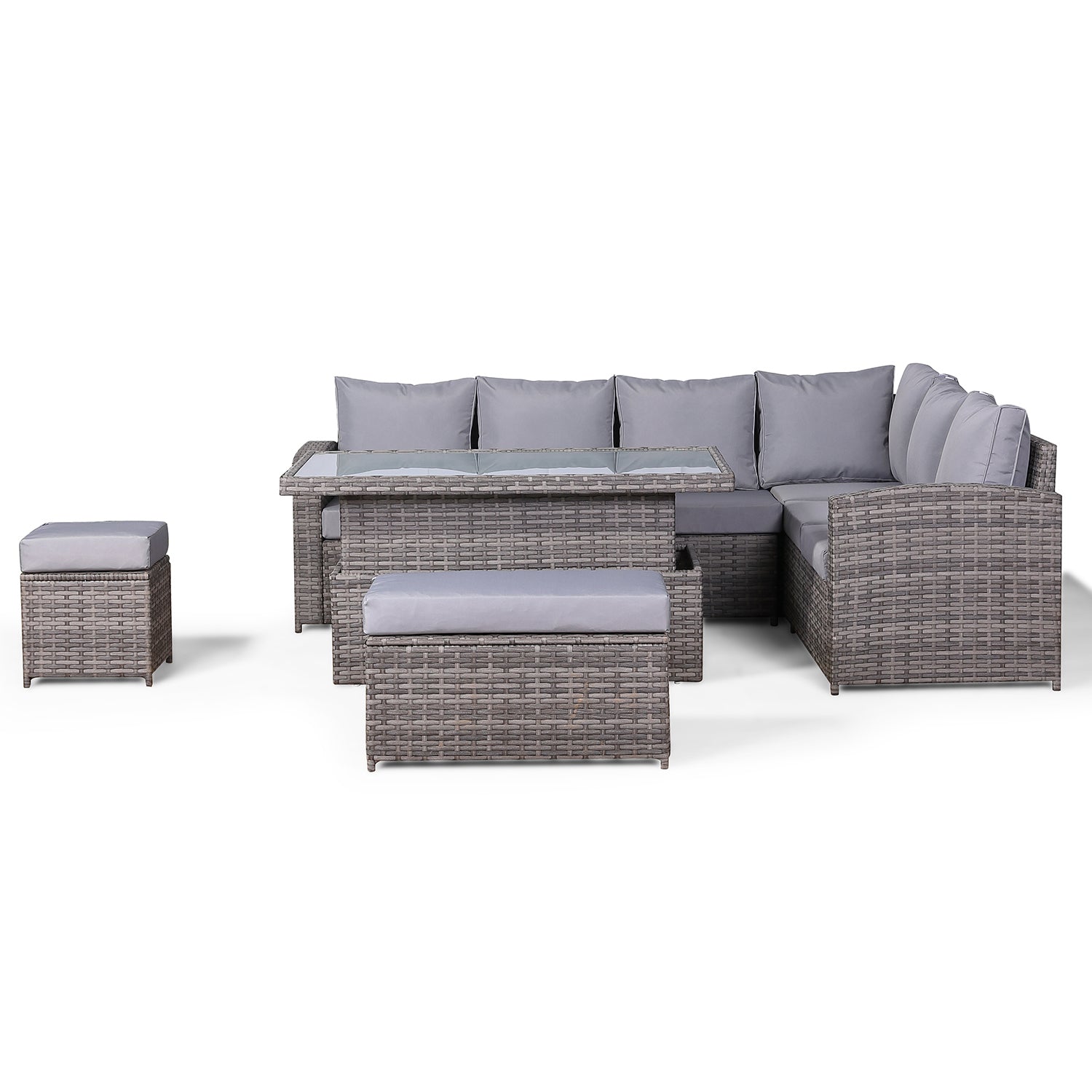 Harmony REQUIRES ASSEMBLY  Right Hand Corner Sofa Set with Rising Table in Grey Rattan