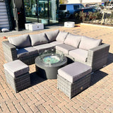 Rose Fire Range Square Corner Set with Charcoal Round Gas fire pit table and stools