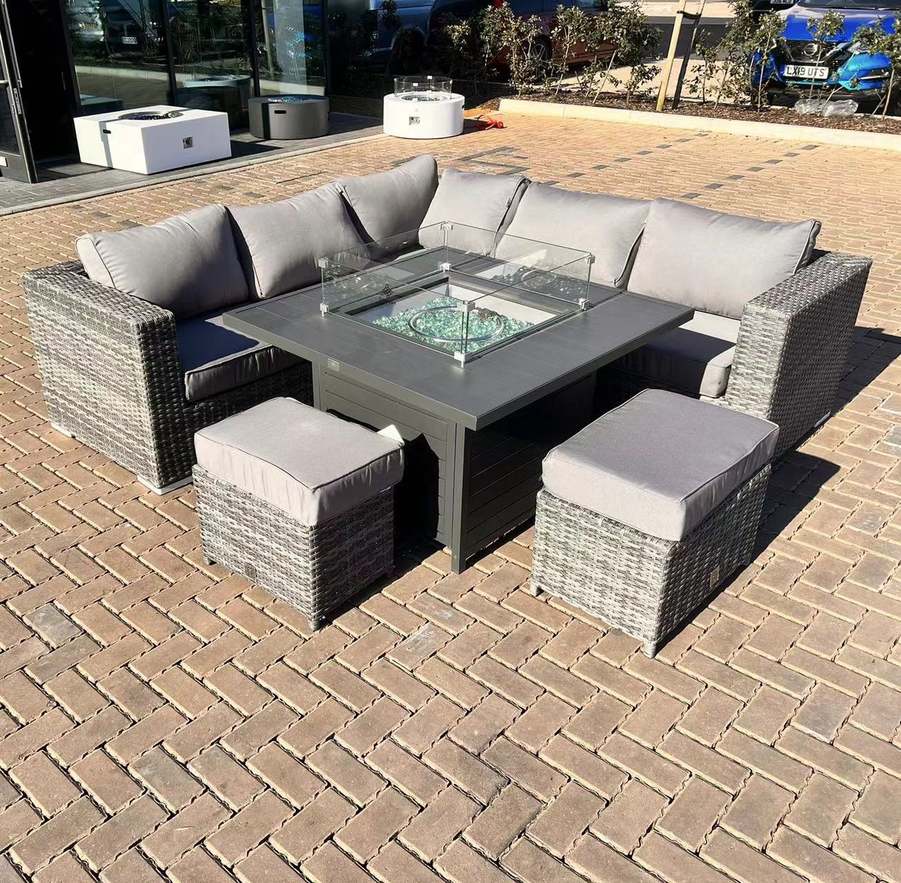 Rose Range Corner Set with Charcoal Square High fire pit table and 2 Stools