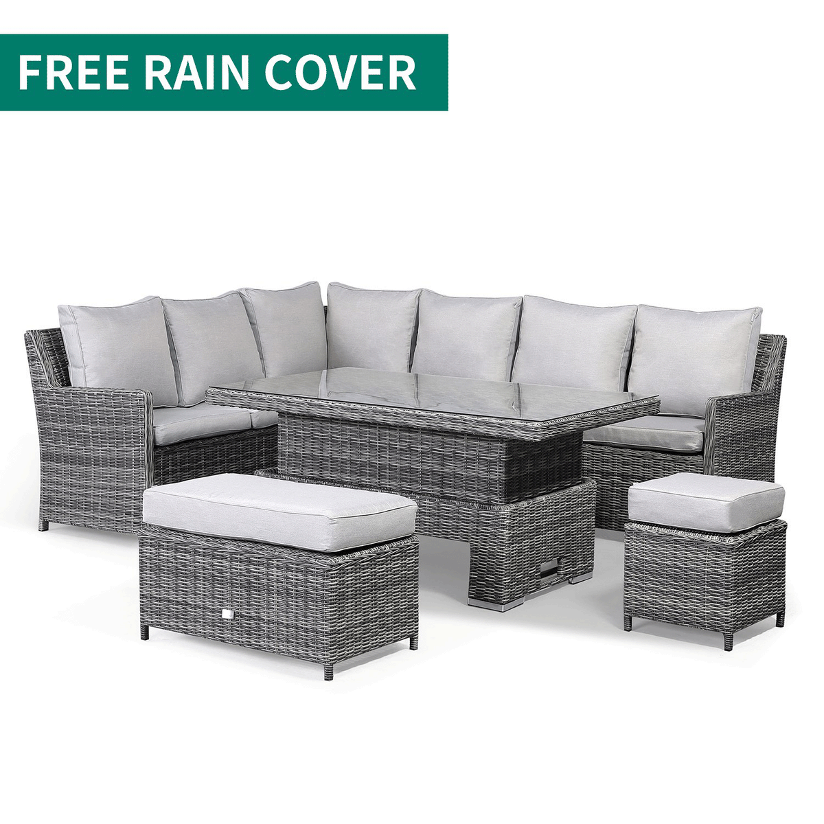 Rattan Park Oxford High Back Large Modular Corner Sofa Set  with Rising Table in Half Round Grey weave