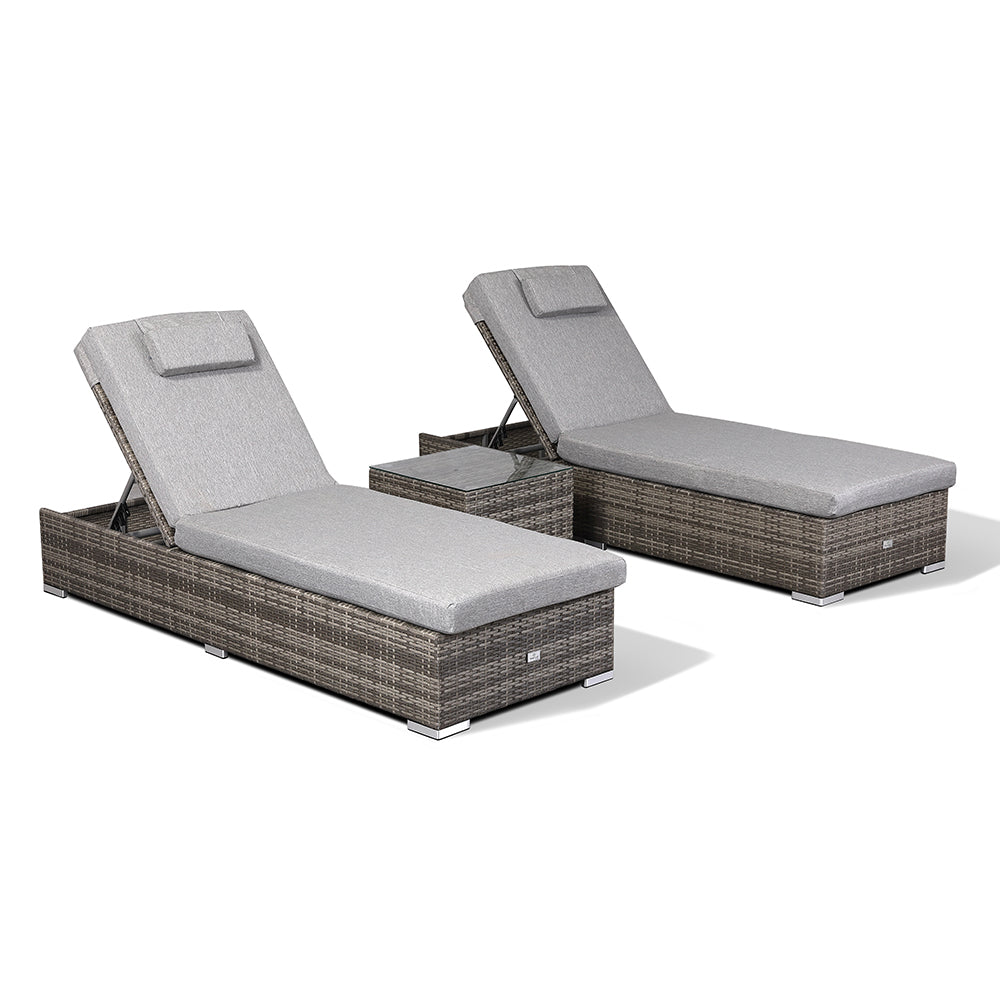 Cambridge Pair Sun Loungers with Side Table in Stone Browne Grey Weave (CR17)