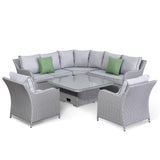 Sicily Aluminum Round Corner Set with Rising Table and Two Chairs in Natural Grey Mixed Weave