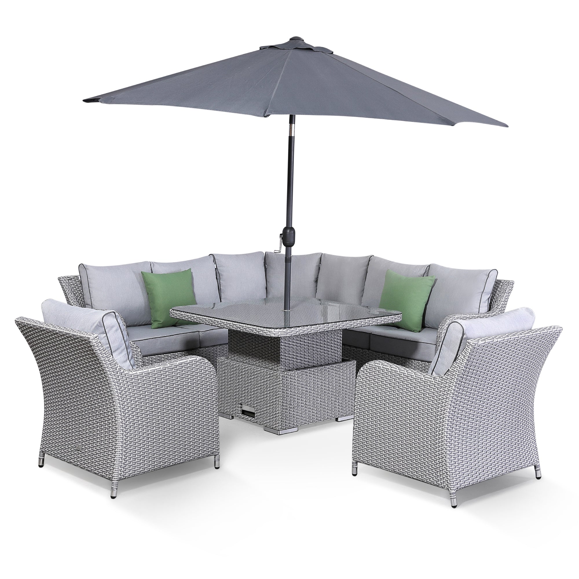 Sicily Aluminum Round Corner Set with Rising Table and Two Chairs in Natural Grey Mixed Weave