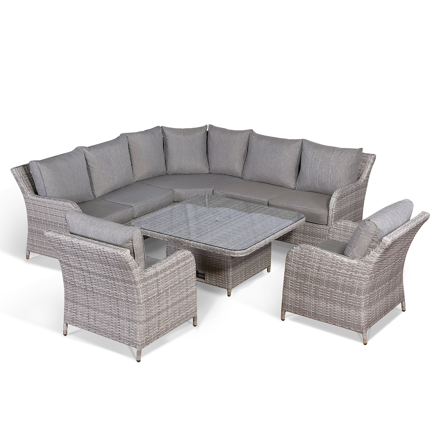 Rattan Park Sicily 2024 Aluminium Round Corner Set with Rising Table and Two Chairs in Grey Weave