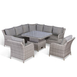 PRE ORDER,DISPATCH FROM AUGUST ...Rattan Park Sicily Aluminium Round Corner Set with Rising Table and Two Chairs in Grey Weave